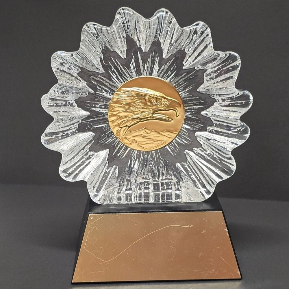 Vintage Crystal Glass Trophy Paperweight Gold American Eagle By Noral Jewelers